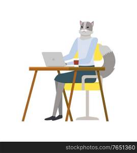 Hipster animal cat working with laptop, woman character using wireless device or computer at desktop, workplace of office element, portrait view vector. Cat Woman Character Working with Laptop Vector
