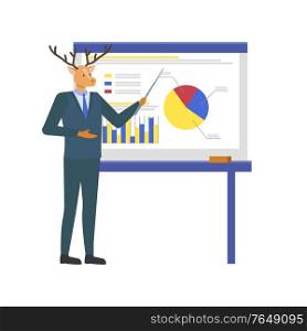 Hipster animal vector, deer with horns wearing formal suit with tie presenting new idea. Statistic and infographics color, person pointing on chart. Hipster Animal Giving Presentation on Whiteboard