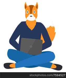 Hipster animal vector isolated fox working on computer typing information on pc, laptop on paws of worker freelance. Business person sitting on ground. Working Freelancer Hipster Animal Fox Isolated