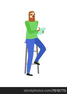 Hipster animal vector, isolated sloth sitting on stool holding note and noting info, document paper in hands of student, worker with task listening. Hipster Animal Sitting on Stool, Sloth Isolated