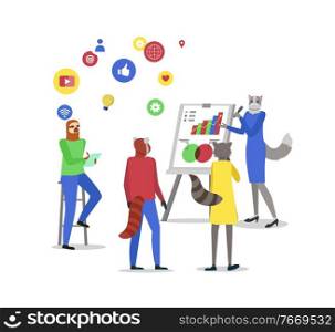 Hipster animal vector, sloth and cat raccoon presenting infographics and infocharts analytics information on board flat style. Presenter in business school. Infographics on Whiteboard Animal Presentation
