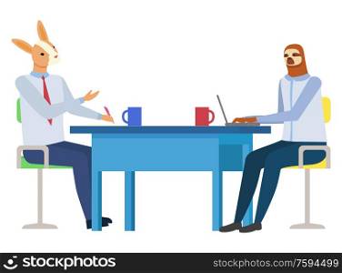 Hipster animals discussing, rabbit and sloth sitting at table and working with laptop, conference of workers at desktop, side view of employees vector. Sloth and Rabbit in Office, Hipster Animal Vector