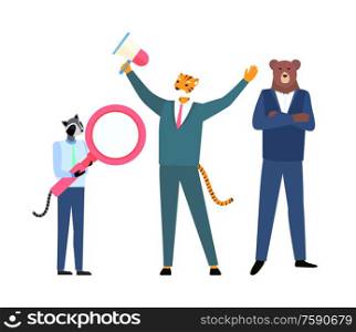 Hipster animals in suit, character with raccoon head holding magnifier, tiger rising hands with megaphone, person with bear face full length view vector. Cartoon Character, Hipster Animals in Suit Vector