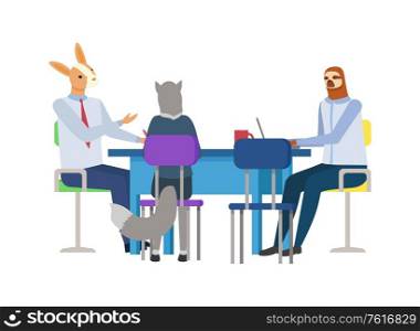 Hipster animals rabbit, wolf and sloth sitting at table and discussing, conference of workers at desktop, work in office, portrait and back view vector. Character Rabbit, Wolf and Sloth Conference Vector