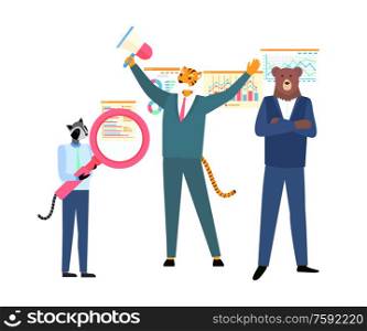 Hipster animals vector, business workers tiger and bear isolated, raccoon holding magnifying glass flat style characters. Infocharts and analysis on boards. Hipster Animals, Tiger and Bear, Raccoon with Zoom