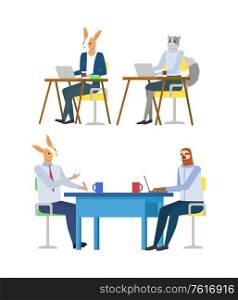 Hipster animals vector, isolated kangaroo and sloth with laptop sitting by table working and discussing subjects. Cat worker on conference flat style. Seminar of Hipster Animals By Table, Conference