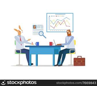 Hipster animals vector, meeting of kangaroo and sloth, personal mentor and teacher. Businessmen sitting by table with laptop and board with charts. Hipster Animals on Conference, Meeting of Workers