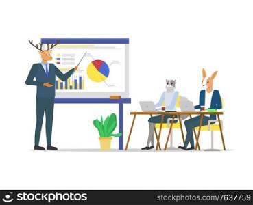 Hipster animals vector, students listening to coach talking about business details, courses and educational program. Kangaroo and deer wearing suit. Business Seminar Coach Hipster Animal and Students