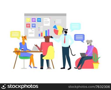 Hipster animals working in office, teamwork on workplace. Team of fox and raccoon, bear and koala character working with laptop, board with charts. Vector illustration in flat cartoon style. Worker Character in Office, Animal Teamwork Vector