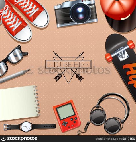 Hipster background with fashion symbols and modern accessory vector illustration. Hipster Background Illustration