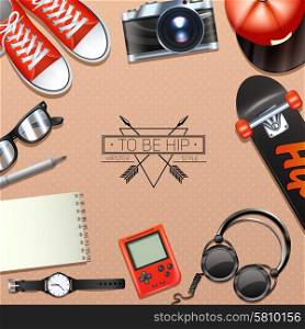 Hipster background with fashion symbols and modern accessory vector illustration. Hipster Background Illustration