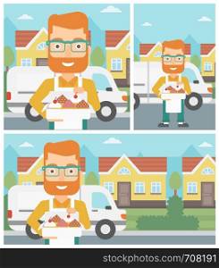Hipster baker holding a box of cakes. Baker delivering cakes. A baker with cupcakes standing on the background of delivery truck. Vector flat design illustration. Square, horizontal, vertical layouts.. Baker delivering cakes vector illustration.