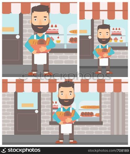 Hipster baker with beard holding basket with bakery products. Baker standing in front of bakery. Baker with bowl full of bread. Vector flat design illustration. Square, horizontal, vertical layouts.. Baker holding basket with bakery products.