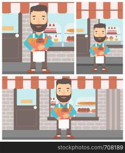 Hipster baker with beard holding basket with bakery products. Baker standing in front of bakery. Baker with bowl full of bread. Vector flat design illustration. Square, horizontal, vertical layouts.. Baker holding basket with bakery products.