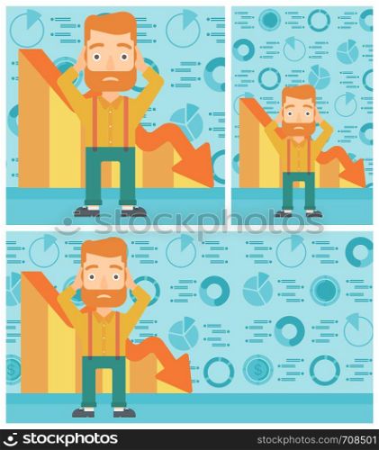 Hipster bankrupt with the beard clutching his head. Bankrupt with a big question mark above head. Concept of business bankruptcy. Vector flat design illustration. Square, horizontal, vertical layouts.. Bankrupt clutching his head vector illustration.
