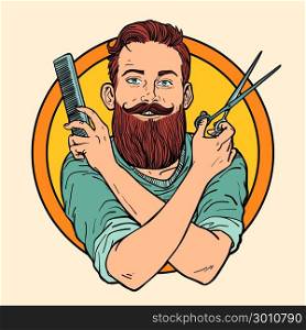 hipster Barber, scissors comb, barbershop. Comic book cartoon pop art retro vector illustration. hipster Barber, scissors comb, barbershop