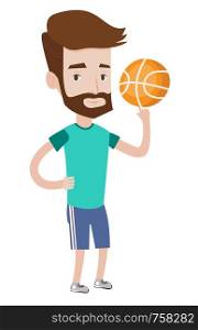 Hipster basketball player with beard spinning basketball ball on his finger. Caucasian basketball player training with basketball ball. Vector flat design illustration isolated on white background.. Hipster basketball player spinning ball.