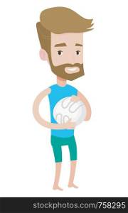Hipster beach volleyball player with beard holding volleyball ball in hands. Young caucasian beach volleyball player standing with ball. Vector flat design illustration isolated on white background.. Beach volleyball player vector illustration.