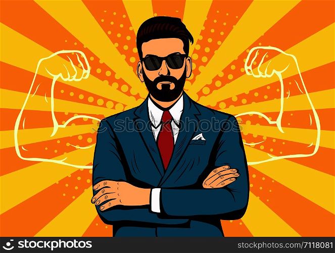 Hipster beard businessman with muscles pop art retro style. Strong Businessman in glasses in comic style. Success concept vector illustration.