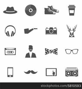 Hipster black icons set with headphones smoking pipe camera isolated vector illustration. Hipster Black Icons Set