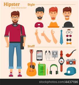 Hipster Boy Character Decorative Icons Set . Hipster boy character decorative icons set with avatars haircuts hats ties guitar pipe watch isolated vector illustration