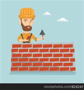 Hipster bricklayer in uniform and hard hat. Caucasian bicklayer working with spatula and brick on construction site. Bricklayer building brick wall. Vector flat design illustration. Square layout.. Bricklayer working with spatula and brick.