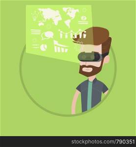 Hipster businessman wearing virtual reality headset, looking at digital display with business graphs and analyzing virtual data. Vector flat design illustration in the circle isolated on background.. Businessman in vr headset analyzing virtual data.
