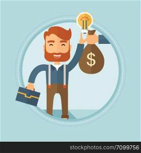Hipster businessman with beard exchanging his idea bulb to money bag. Young happy man having business idea. Business idea concept. Vector flat design illustration in the circle isolated on background. Successful business idea vector illustration.