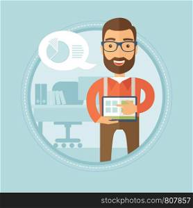 Hipster businessman with beard pointing at the charts on laptop screen. Young businessman giving business presentation in office. Vector flat design illustration in the circle isolated on background.. Businessman presenting report on a laptop.