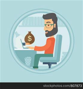 Hipster businessman with beard working on computer in office and a bag of money coming out of his laptop. Online business concept. Vector flat design illustration in the circle isolated on background.. Man earning money from online business.