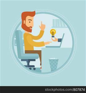 Hipster businessman with beard working on laptop in office and idea bulb coming out of his laptop. Creative business idea concept. Vector flat design illustration in the circle isolated on background.. Successful business idea vector illustration.