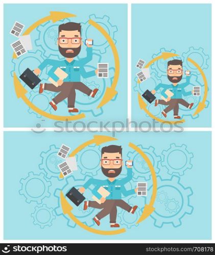 Hipster businessman with many legs and hands holding papers, briefcase, smartphone. Multitasking and productivity concept. Vector flat design illustration. Square, horizontal, vertical layouts.. Businessman coping with multitasking.