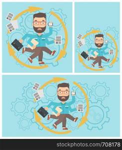 Hipster businessman with many legs and hands holding papers, briefcase, smartphone. Multitasking and productivity concept. Vector flat design illustration. Square, horizontal, vertical layouts.. Businessman coping with multitasking.