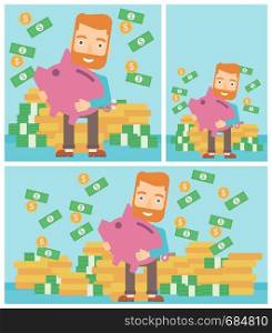 Hipster businessman with the beard holding a big piggy bank in hands under money rain on the background of stacks of gold coins. Vector flat design illustration. Square, horizontal, vertical layouts.. Businessman with piggy bank vector illustration.