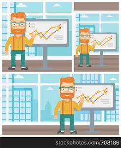 Hipster businessman with the beard pointing at charts on a board during business presentation. Man giving business presentation. Vector flat design illustration. Square, horizontal, vertical layouts.. Businessman making business presentation.