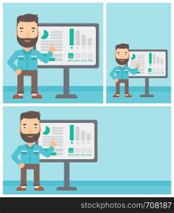 Hipster businessman with the beard pointing at charts on a board during business presentation. Man giving business presentation. Vector flat design illustration. Square, horizontal, vertical layouts.. Businessman making business presentation.