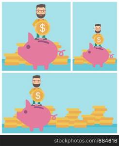 Hipster businessman with the beard saving money by putting a coin in a big piggy bank on a background of stacks of gold coins. Vector flat design illustration. Square, horizontal, vertical layouts.. Man putting coin in piggy bank vector illustration
