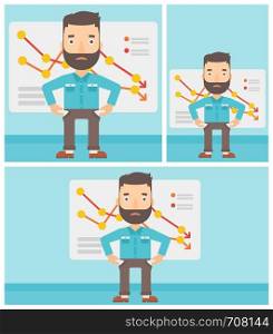 Hipster businessman with the beard showing his epmty pockets on the background of board with decreasing chart. Bankruptcy concept. Vector flat design illustration. Square, horizontal, vertical layouts. Bancrupt business man vector illustration.