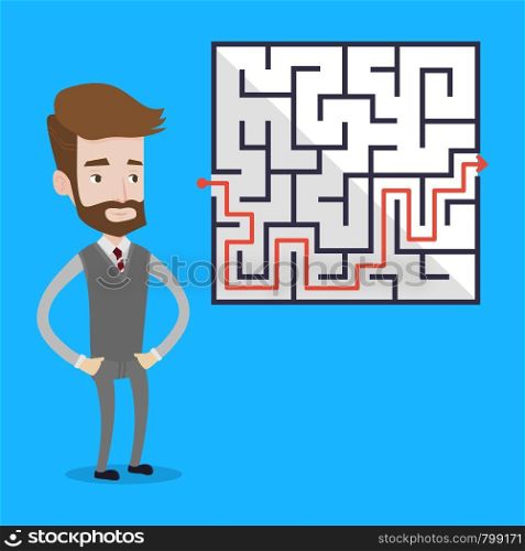 Hipster businessman with the beard standing in front of a maze with red arrow showing the way out. Businessman looking at the labyrinth with a solution. Vector flat design illustration. Square layout.. Businessman looking at the labyrinth.