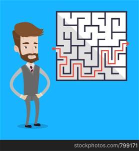 Hipster businessman with the beard standing in front of a maze with red arrow showing the way out. Businessman looking at the labyrinth with a solution. Vector flat design illustration. Square layout.. Businessman looking at the labyrinth.