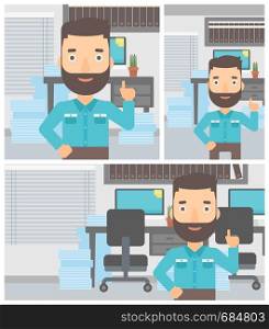 Hipster businessman with the beard standing in the office and pointing up with his forefinger. Business idea concept. Vector flat design illustration. Square, horizontal, vertical layouts.. Businessman having business idea.