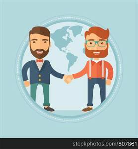Hipster businessmen shaking their hands on a background map of the world. Concept of international business partnership, teamwork. Vector flat design illustration in the circle isolated on background.. Business people shaking hands vector illustration.