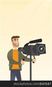 Hipster cameraman with beard looking through a movie camera on a tripod. Caucasian man with a professional video camera. Cameraman taking a video. Vector flat design illustration. Vertical layout.. Cameraman with a movie camera on tripod.