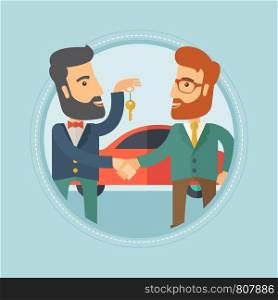 Hipster car salesman giving car key to a new owner on the background of car shop. Man buying car and shaking hand to a salesman. Vector flat design illustration in the circle isolated on background.. Car salesman giving key to new owner.