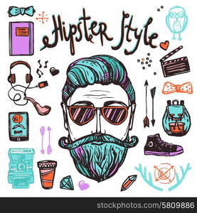 Hipster Cartoon Sketch Concept. Hipster style cartoon person with accessories attribution and symbols sketch color hand drawn concept vector illustration