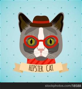 Hipster cat with glasses and hat portrait with ribbon poster vector illustration.