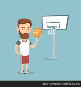 Hipster caucasian basketball player with beard spinning a ball on his finger. Young basketball player standing on the basketball court. Vector flat design illustration. Square layout.. Hipster basketball player spinning a ball.