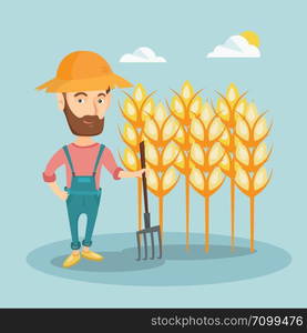 Hipster caucasian farmer in summer hat standing with a pitchfork on the background of wheat field. Smiling farmer working with pitchfork in wheat field. Vector flat design illustration. Square layout.. Farmer with pitchfork vector illustration.