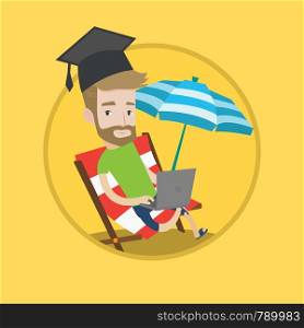 Hipster caucasian graduate in graduation cap using laptop on a beach. Student learning distantly. Distance learning concept. Vector flat design illustration in the circle isolated on background.. Graduate lying in chaise lounge with laptop.