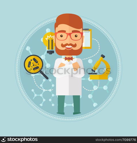 Hipster caucasian laboratory assistant with hands crossed. Confident laboratory assistant on background with molecular structure. Vector flat design illustration in the circle isolated on background.. Male laboratory assistant vector illustration.